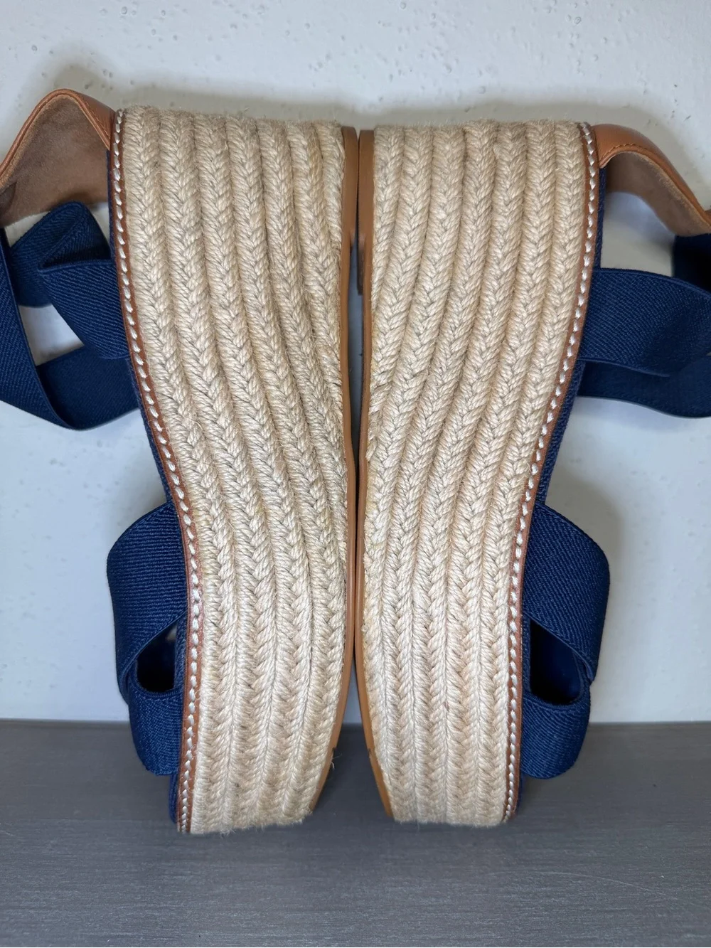 Tory Burch Freida Canvas Leather Blue Platform Espadrille Sandals Women's Sz 8 M